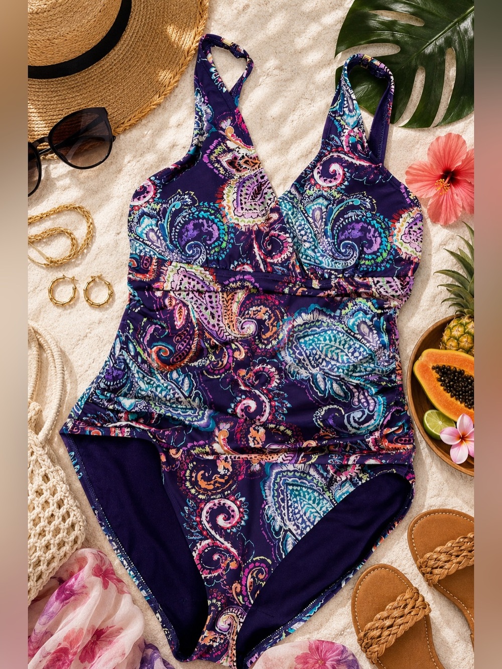 Lauren Ralph Lauren Paisley One Piece Swimsuit Purple Tummy Control Ruched 12